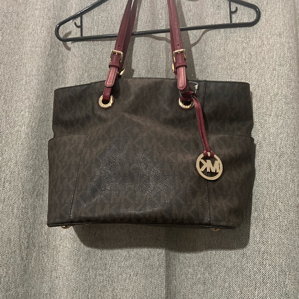 Michael Kors Brown Logo Tote with Burgundy Straps and Gold Charm